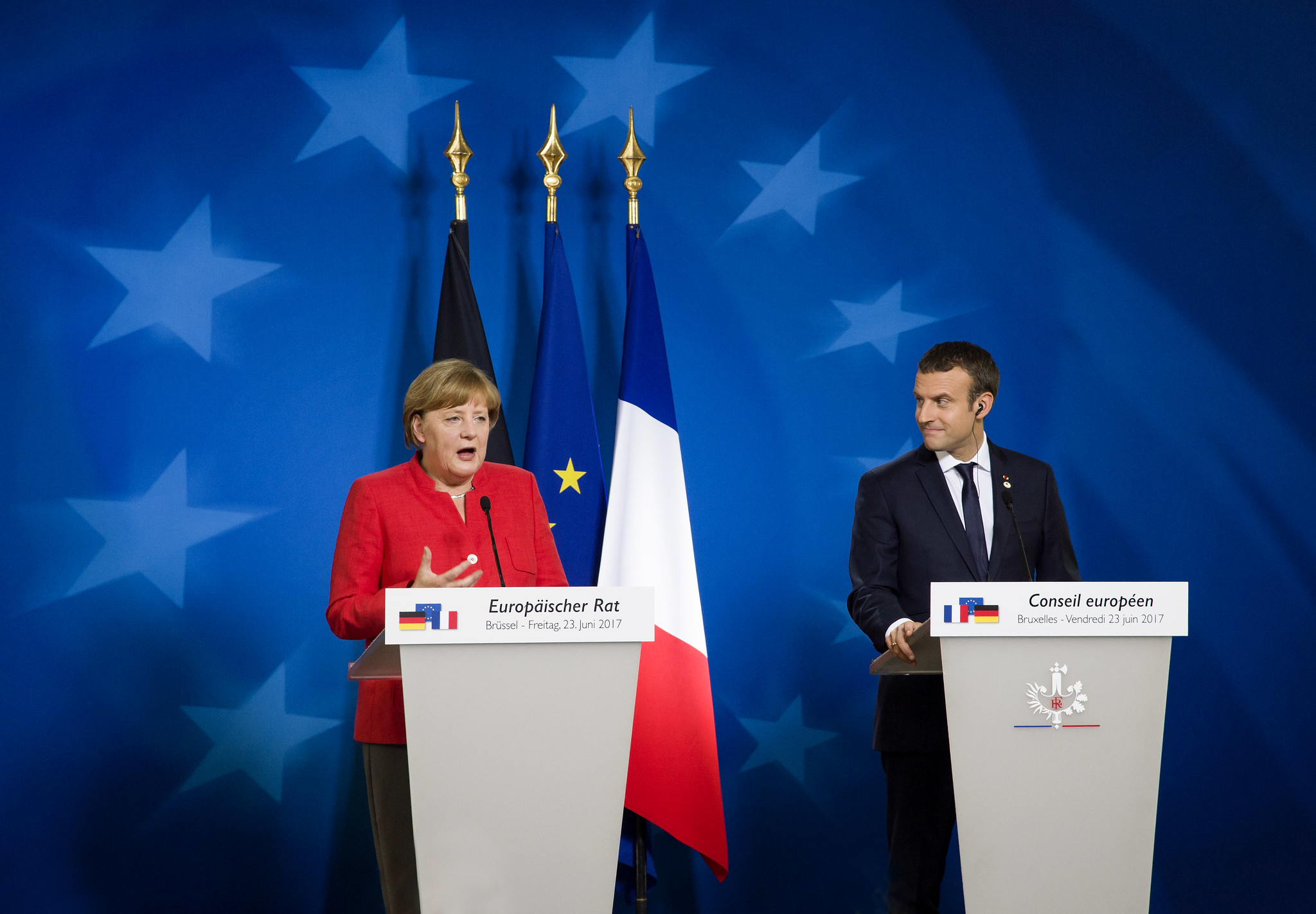 Angela Merkel and Emmanuel Macron at a European Council meeting in 2017